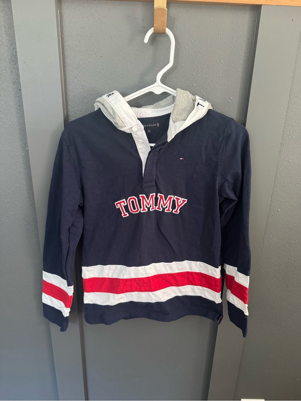 Tommy Hilfiger Navy Hooded Rugby Shirt with Red & White Stripes
